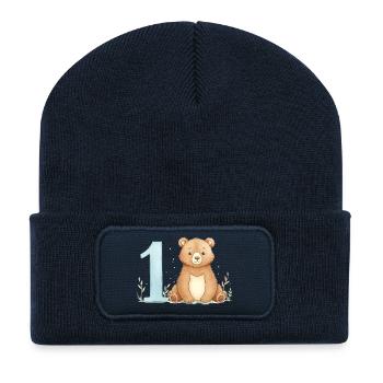 Aquarell Bär mit Zahl 1 - Recycelte Patch Beanie - French Navy - Vorne