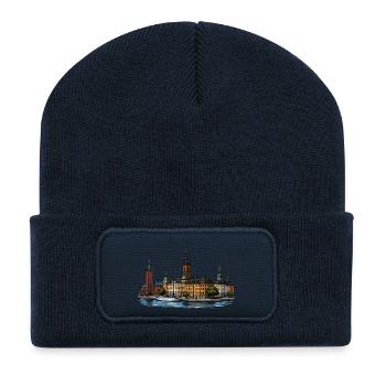 Ville : Stockholm, Suède - Beanie recyclé à patch - bleu marine - Devant