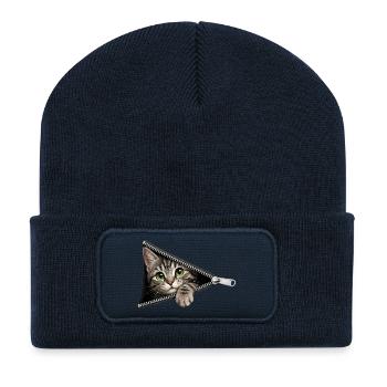 Cute Kitten Zipper Cat - Recycled Patch Beanie - french navy - Front
