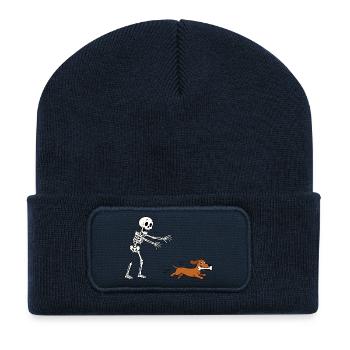 Halloween, Dackel, Skelett - Recycelte Patch Beanie - French Navy - Vorne
