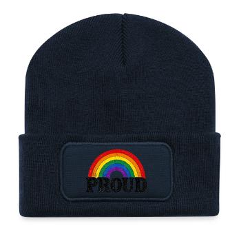 Proud LGBT Spruch Retro Regenbogen Motiv CSD - Recycelte Patch Beanie - French Navy - Vorne