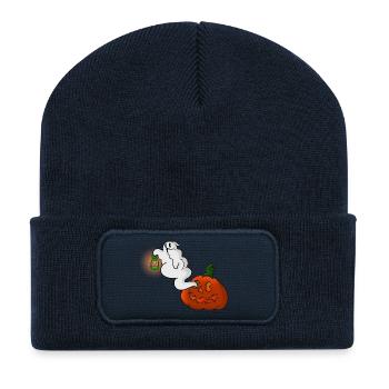 Ghost with lantern over pumpkin - Recycled Patch Beanie - french navy - Front