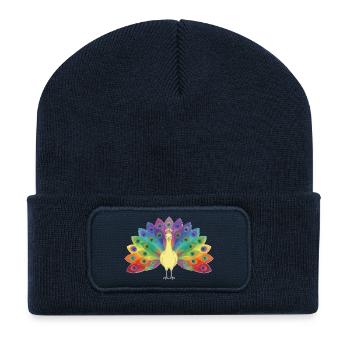 Regenbogenpfau in Federn - Recycelte Patch Beanie - French Navy - Vorne