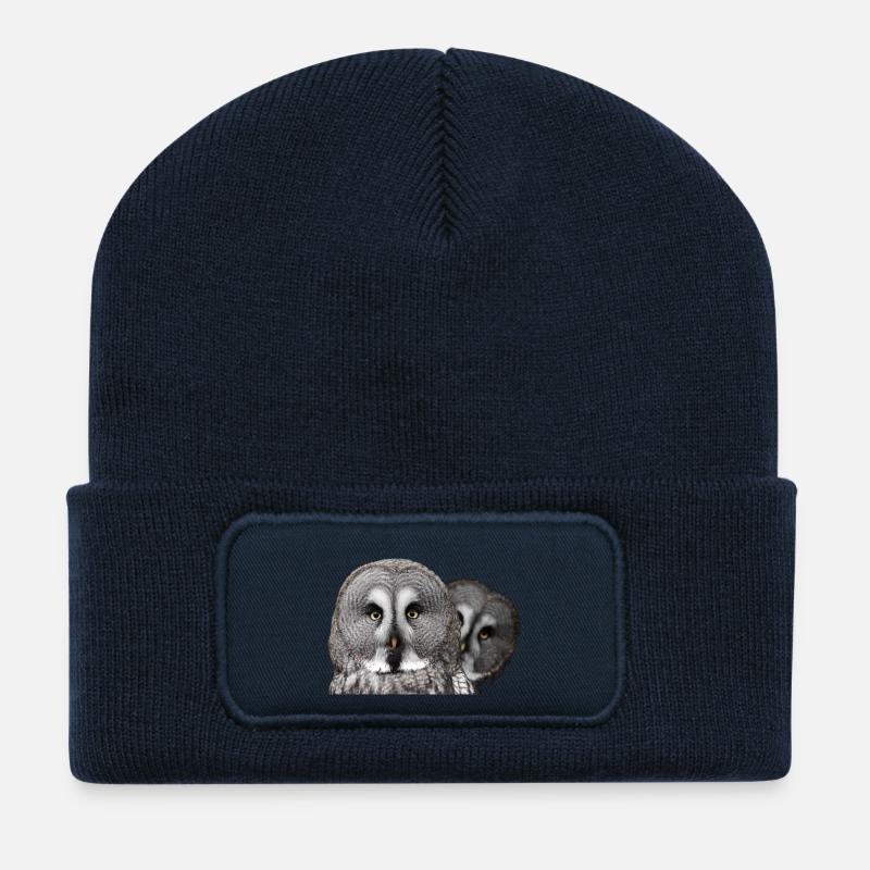 Deux hiboux têtes - Beanie recyclé à patch - bleu marine