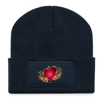 bright red heart with wings in wood look - Recycled Patch Beanie - french navy - Front
