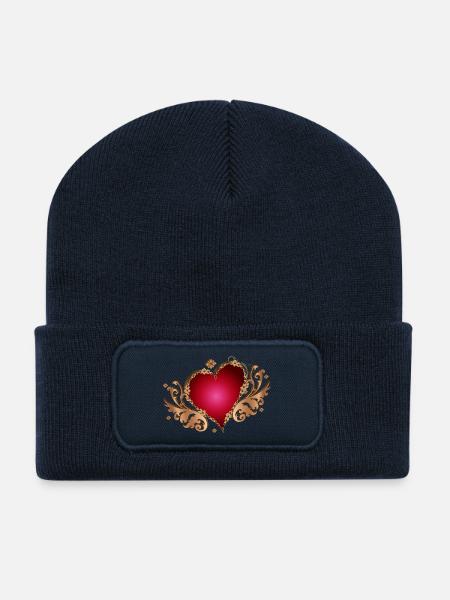leuchtend rotes Herz mit Flügel in Holz Optik - Recycelte Patch Beanie - French Navy