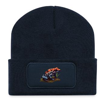 Süßes Erdbeerfröschchen in blau und rot - Recycelte Patch Beanie - French Navy - Vorne