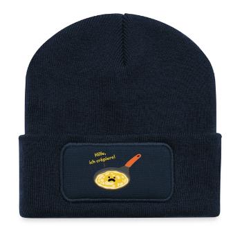 „Hilfe ich crêpiere“ Pfannkuchen Wortspiel - Recycelte Patch Beanie - French Navy - Vorne