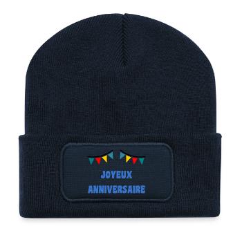 JOYEUX ANNIVERSAIRE. HAPPY BIRTHDAY. ANNIVERSAIRE. - Beanie recyclé à patch - bleu marine - Devant
