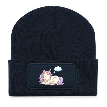 Licorne endormie à la crinière arc-en-ciel - Beanie recyclé à patch - bleu marine - Devant