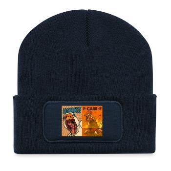 Hupen und Krächzen Hahnenduo, lustige Gans und Huhn - Recycelte Patch Beanie - French Navy - Vorne