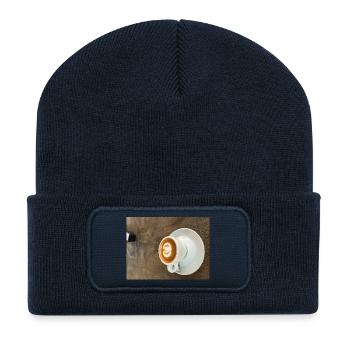 Herz Latte Kunst auf Holz - Recycelte Patch Beanie - French Navy - Vorne