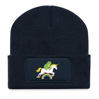 Une grenouille chevauche une licorne au-dessus de l’arc-en-ciel - Beanie recyclé à patch - bleu marine - Devant