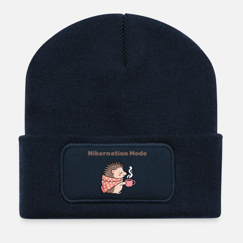 Hibernation Mode - Cute Hedgehog with Hot Drink - Beanie recyclé à patch - bleu marine