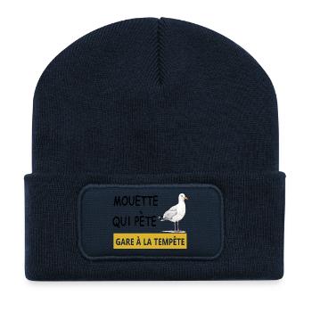 Beware of the storm – seagull on the yellow quay - Recycled Patch Beanie - french navy - Front