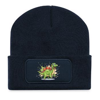 Fröhlicher Dino Stegosaurus Cartoon - Recycelte Patch Beanie - French Navy - Vorne