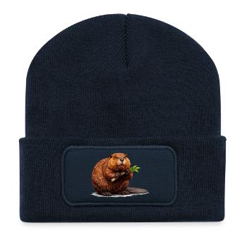 Beaver with branch forest animal illustration - Recycled Patch Beanie - french navy - Front