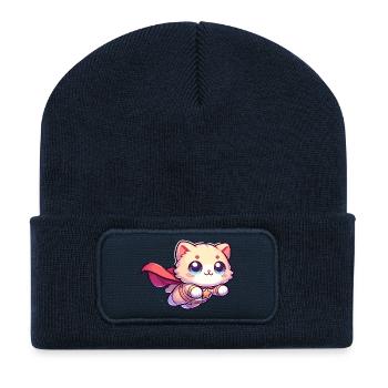 Superheld Katze Kätzchen Helden Mieze - Recycelte Patch Beanie - French Navy - Vorne