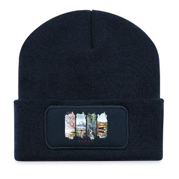 Japan Urlaub Travel – Kirschblüte & Mount Fuji - Recycelte Patch Beanie - French Navy - Vorne