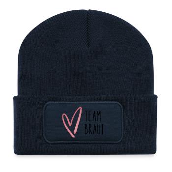 Team Braut. Herz – Modernes JGA Design - Recycelte Patch Beanie - French Navy - Vorne
