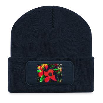 Neonrote Blüten im Farbwirbel - Recycelte Patch Beanie - French Navy - Vorne