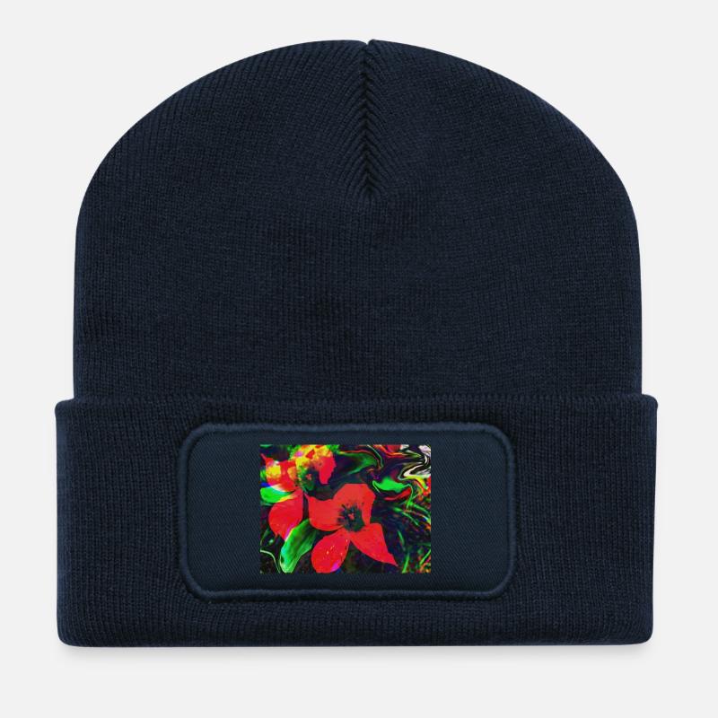 Fleurs rouge fluo dans un tourbillon de couleurs - Beanie recyclé à patch - bleu marine