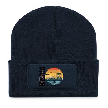 Madrid Skyline Retro Sonnenuntergang - Recycelte Patch Beanie - French Navy - Vorne