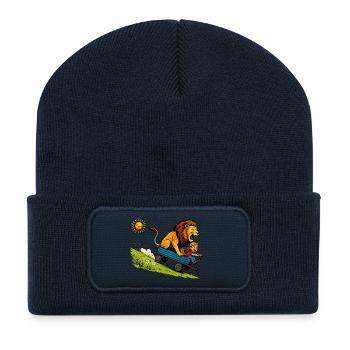 Promenade en lion sauvage dans une charrette bleue - Beanie recyclé à patch - bleu marine - Devant