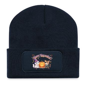 Happy Halloween mit Katzen & Kürbis - Recycelte Patch Beanie - French Navy - Vorne