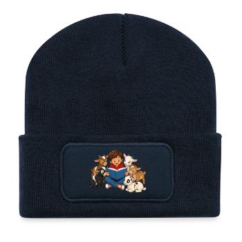 Junge liest kleinen Ziegen eine Geschichte vor - Recycelte Patch Beanie - French Navy - Vorne