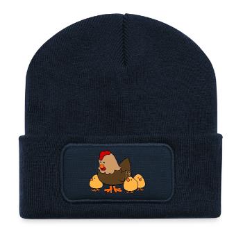 Mama Huhn mit drei Kinder Kücken T-Shirt - Recycelte Patch Beanie - French Navy - Vorne