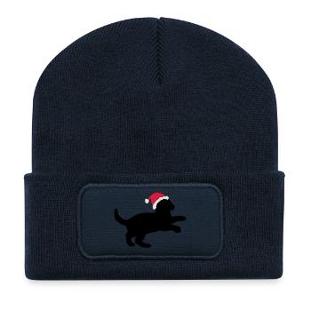 Chaton dans un chapeau de Noël. - Beanie recyclé à patch - bleu marine - Devant