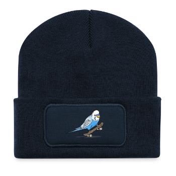 Blauer Wellensittich auf Fingerboard - Recycelte Patch Beanie - French Navy - Vorne