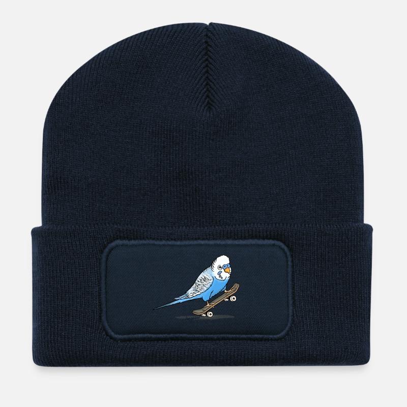 Blauer Wellensittich auf Fingerboard - Recycelte Patch Beanie - French Navy