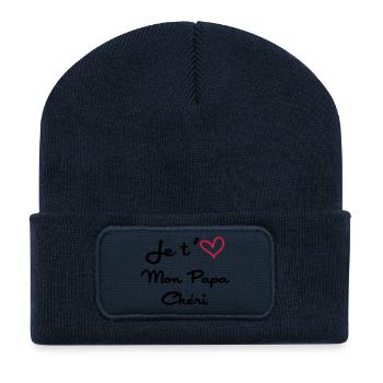J'aime mon Papa / Fête des Pères / Naissance Bébé - Beanie recyclé à patch - bleu marine - Devant