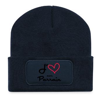 J'aime mon Parrain / Naissance / Bébé / Baptême - Beanie recyclé à patch - bleu marine - Devant