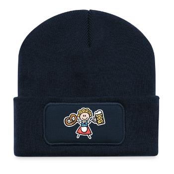 Volksfest Madl mit Bier und Breze - Recycelte Patch Beanie - French Navy - Vorne