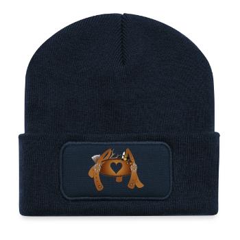 Barre transversale avec cœur sur bretelles de pantalon en cuir - Beanie recyclé à patch - bleu marine - Devant