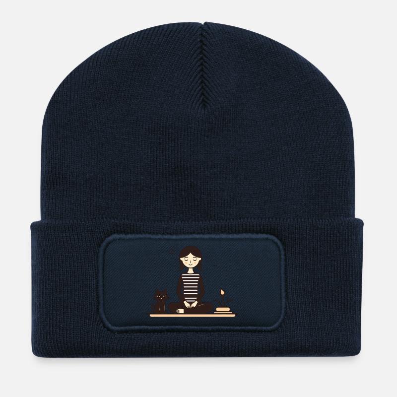 Relaxing with a cat - Recycled Patch Beanie - french navy