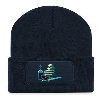 Gothic Totenkopf Bücher & Dolch Digital Art  - Recycelte Patch Beanie - French Navy - Vorne