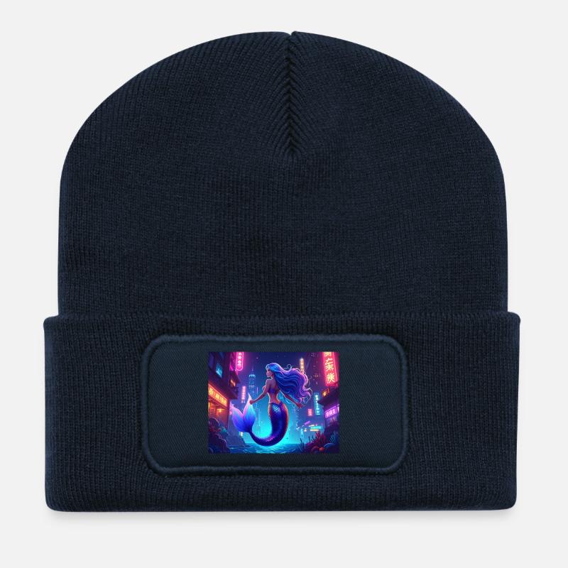 Cyber Mermaid – Neon Ocean Queen - Recycelte Patch Beanie - French Navy