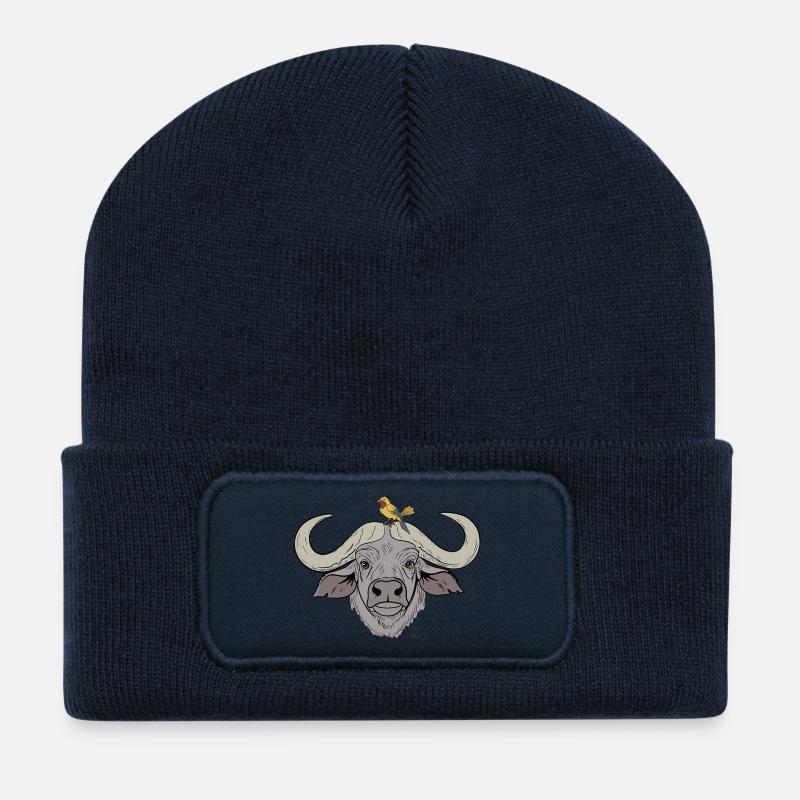 Stocky buffalo with songbird - Recycled Patch Beanie - french navy