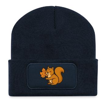 Niedliches Eichhörnchen mit Herbstblatt Cartoon - Recycelte Patch Beanie - French Navy - Vorne