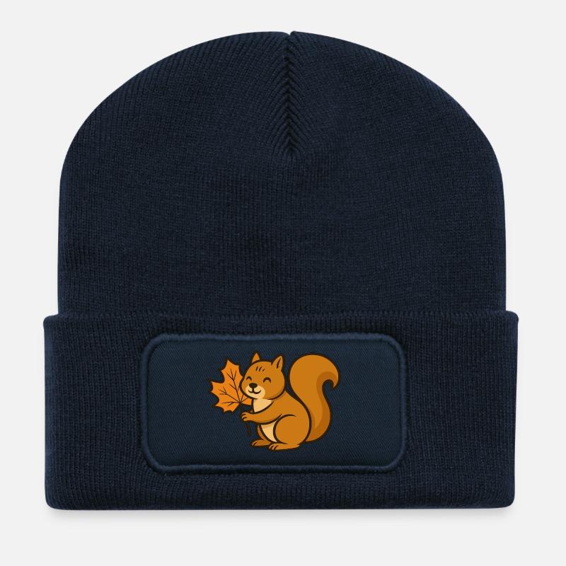 Cute Squirrel with Autumn Leaf Cartoon - Recycled Patch Beanie - french navy