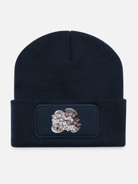 Pfauenfeder Doodle Muster - Recycelte Patch Beanie - French Navy