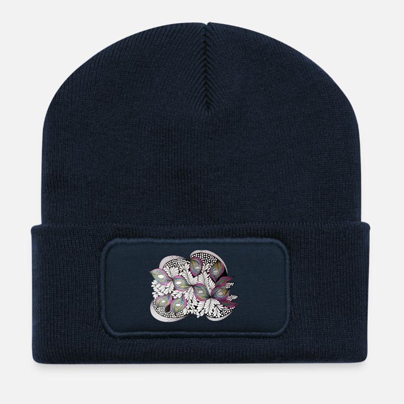 Pfauenfeder Doodle Muster - Recycelte Patch Beanie - French Navy