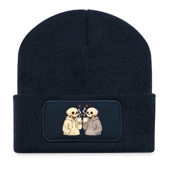 Cozy Skelett Paar mit Tassen – Warme Momente - Recycelte Patch Beanie - French Navy - Vorne