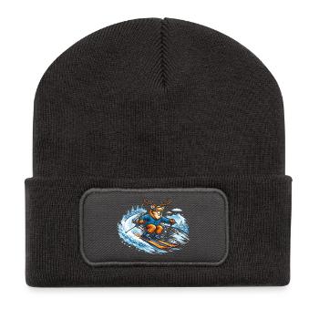Lustiger Ski Hirsch – Comic Wintersport Motiv - Recycelte Patch Beanie - Dunkelgrau - Vorne