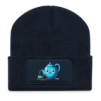 Kawaii Teekanne Lächelnde Teestunde - Recycelte Patch Beanie - French Navy - Vorne