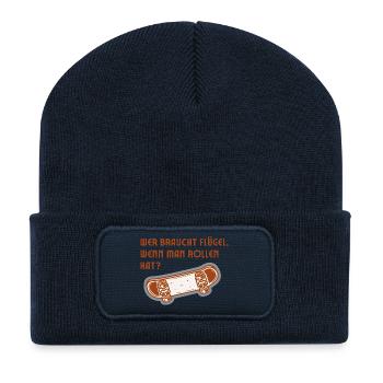 Rollen statt Flügel Skateboard Spruch - Recycelte Patch Beanie - French Navy - Vorne